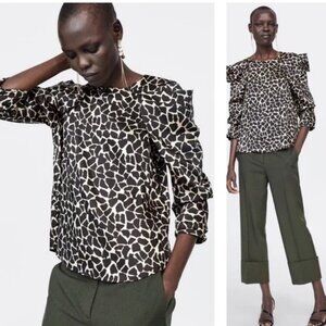 NWT Zara Women's Giraffe Print Ruffle Sleeve Blouse  size Large